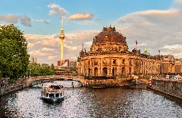 Museum island on Spree river and Alexanderplatz TV tower in center of Berlin, Germany