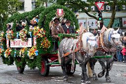 Horse carriage takes part into Oktoberfest solemn procession in Munich, Bavaria, Germany.