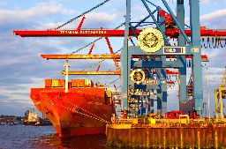 Large container ship docked at Container Terminal, Hamburg.