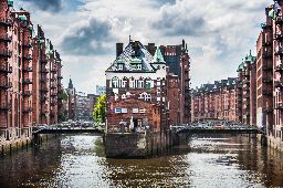 Beautiful view of famous Speicherstadt with dark clouds before the storm in Hamburg, Germany