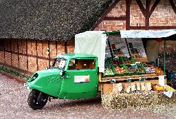 Historic car with a vegetable shop, near Hamburg in the Lueneburg Heath, Germany
