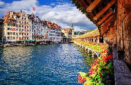 Lucerne, Switzerland, view on the old city from famous Chapel Bridge