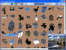 Figure jigsaw shapes with magnifying glass and thumbnail