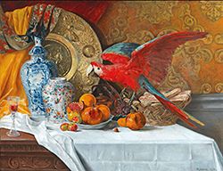 Large Still Life with Parrot by Adrien Moreau