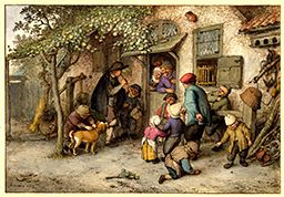 A Piper and Children Outside a Red-Brick Cottage with Vine Trellis by Adriaen van Ostade
