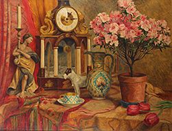 Still life with Clock, Candlestick, Porcelain Dog and Azalea Stick by R. Schimann