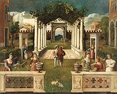 A Classical Architectural Garden with Elegant Figures, a Mountainous Landscape Beyond, Veronese School
