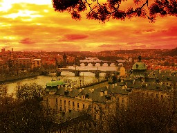 Beautiful sunset over river Vltava in Czech capital city Prague