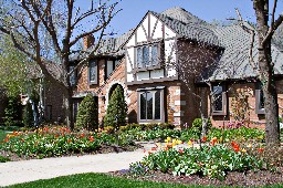 Tudor home with tulips, Ohio.